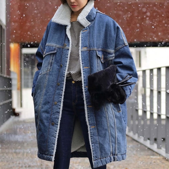 Women's Reversible Warm Notched Collar Jean Jacket Denim Coat Trucker Jacket Long Jean Jacket for Women plus Size Long Jean Jacket 424 Denim Jacket Womens Small Jacket Classic Jean Jacket Womens Denim