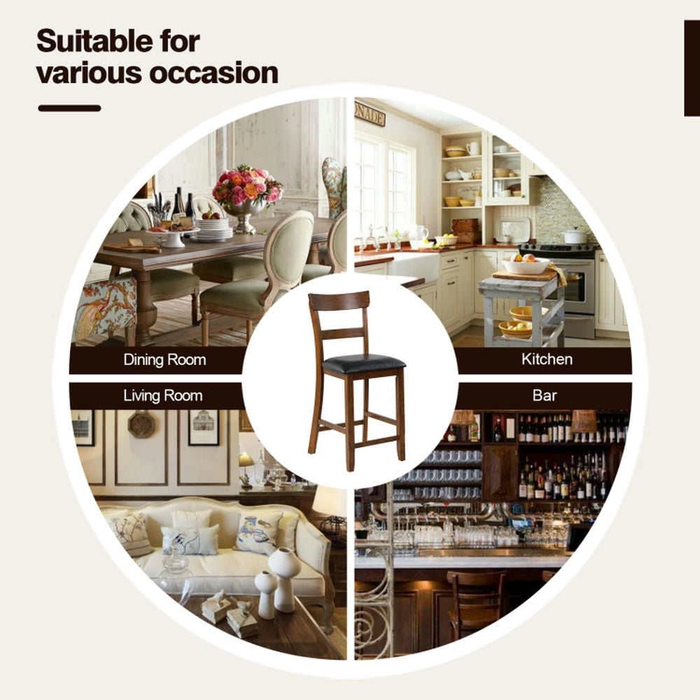 Demi Bonn 2 Pieces Counter Height Chair Set with Leather Seat and Rubber Wood Legs, Modern Bar Stools with Backrests, Black