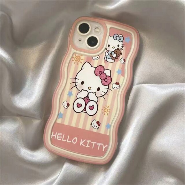 Sanrio Hello Kittys IPhone Case Cartoon Anime Y2k Pink Wave Edge Soft