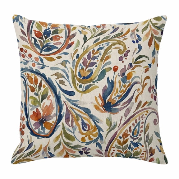 Throw Pillow Covers 24 x 24 Inch, Paisley Flower Cotton Linen Pillows Cases, Spring Watercolor Vintage Floral Leaf Plant Square Cushion Covers for Couch Sofa Bed