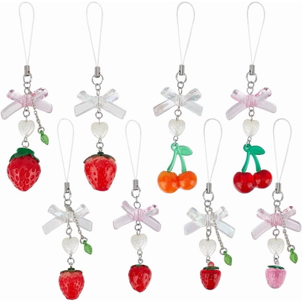 8 estilos de colgantes de frutas para correa de teléfono celular, colgante de fresa y cereza, y llavero con cuentas de amor, accesorios para teléfono.