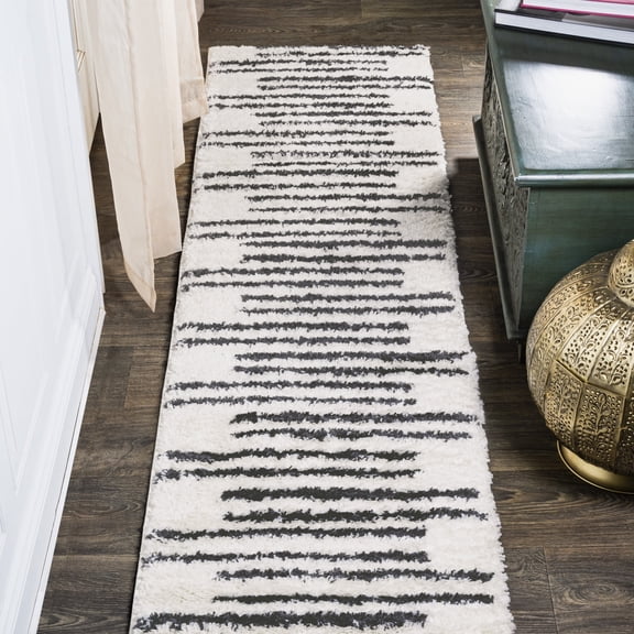 JONATHAN Y MOROCCAN HYPE 2 x 10 Runner Rug, Petra Stripe Geometric Shag - White/Gray, MOH406A-210
