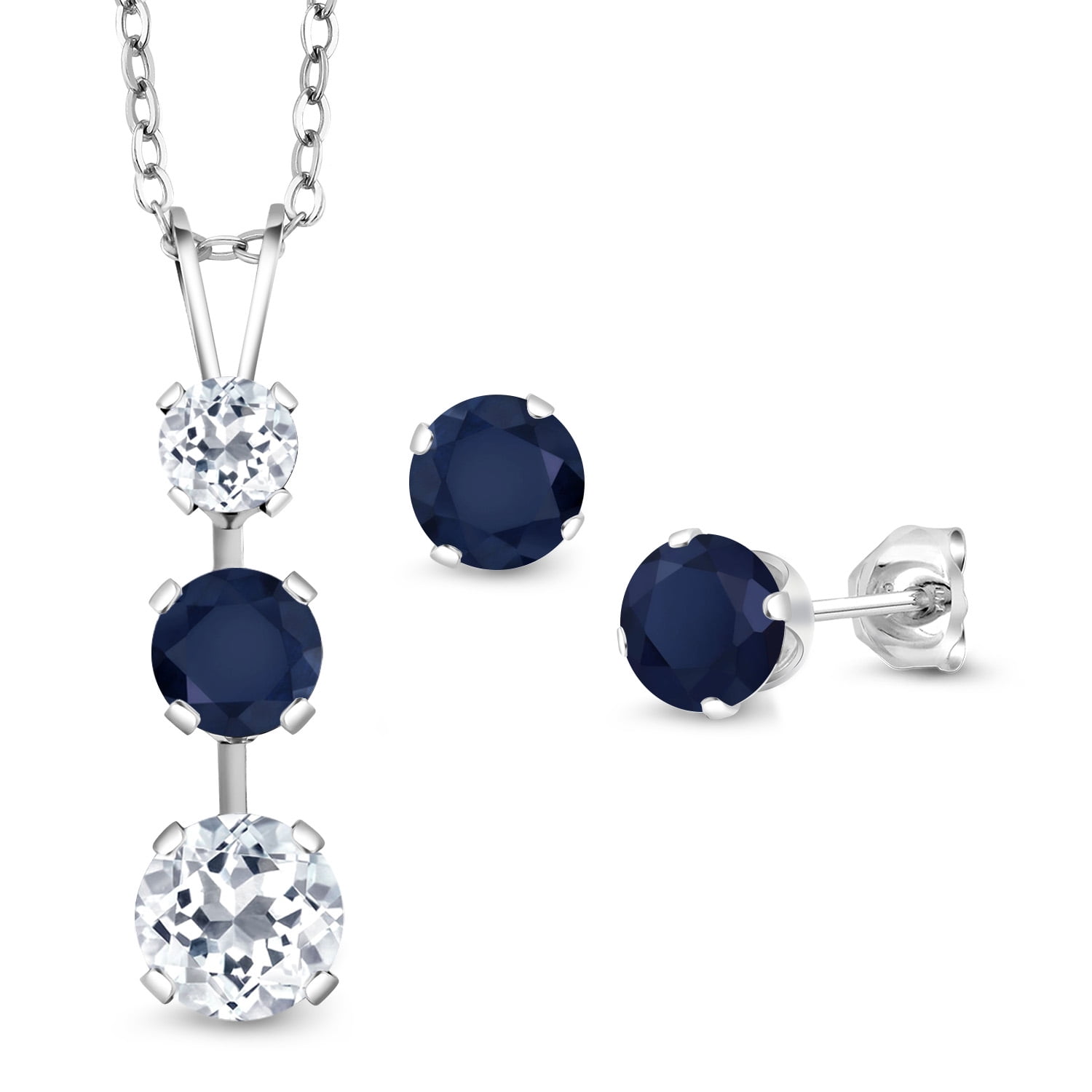 Gem Stone King 925 Sterling Silver White Topaz and Blue Sapphire Pendant and Earrings Jewelry Set for Women (3.03 Cttw, Gemstone November Birthstone, with 18 inch Chain)