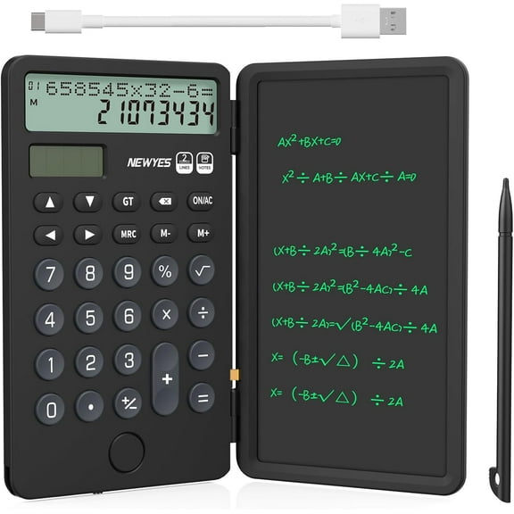 Portable Calculator with Notepad, 2-Line 12-Digits Large Display, Rechargeable Solar Power Desk for Office School Students (Black)