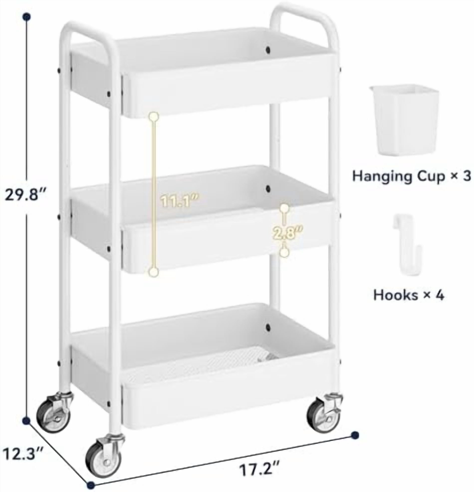 Metal 3 Tier Rolling Cart - Heavy Duty Utility Cart with Lockable Wheels, Hanging Cups, Hooks, Mesh Rolling Storage Cart Craft Cart Organizer, Lightweight and Sturdy, White