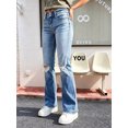 thumbnail image 2 of Women's High Waisted Ripped Straight Leg Denim Jeans, Light Blue Washed, with Distressed Knee Hole and Double Button Fly, Frayed Hem Long Pants, 2 of 7