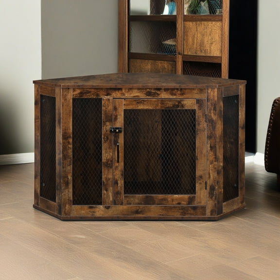 Pefilos 44" Furniture Corner Dog Crate, Dog Kennel with Wood and Mesh, Dog House, Pet Crate Indoor Use, Brown