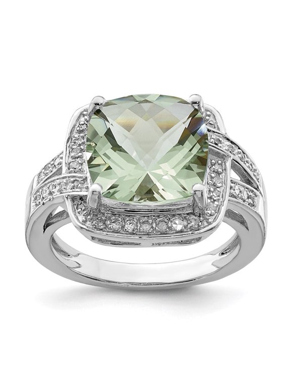 Auriga Fine Jewelry 925 Sterling Silver Rhodium Checker-Cut Green Quartz & Diamond Ring for Women Size 7