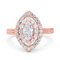 Rose Tone, Simulated Cubic Zirconia Size-6 Marquise Vintage Art Deco Halo Wedding Engagement Bridal Ring 925 Sterling Silver