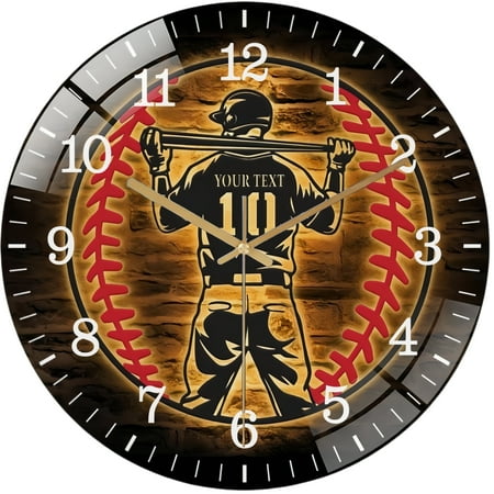 Decorative Clocks: Baseball Glass Wall Clock, Baseball Player Wall Clock, Home Decor Cave Sports Room Decoration Father's Day Gift Style 12×12inch(30×30cm)