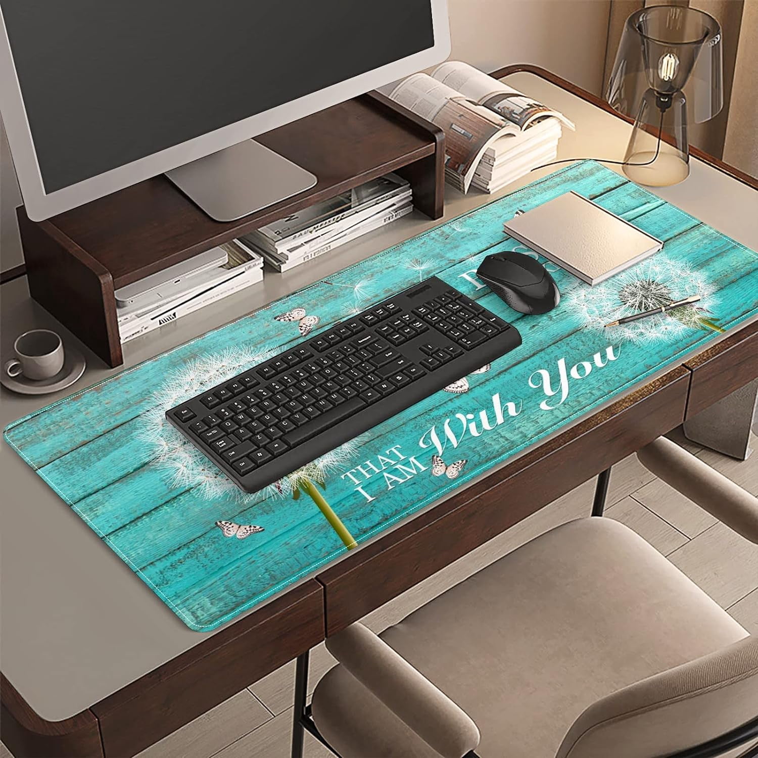 Teal Turquoise Wood Dandelion Desk Mat, Desk Accessory, Cute Workspace, Trendy Workspace, Trendy, 35.4x15.7in Large Gaming Mouse Pad, Cute Desk Topper, Pretty Desk Pad