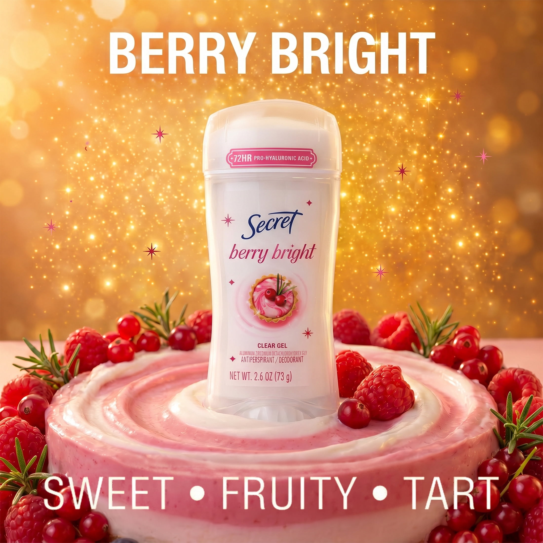 Secret 72HR Holiday Fresh Antiperspirant & Deodorant, Pro-Hyaluronic Acid, Clear Gel, Berry Bright 2.6oz