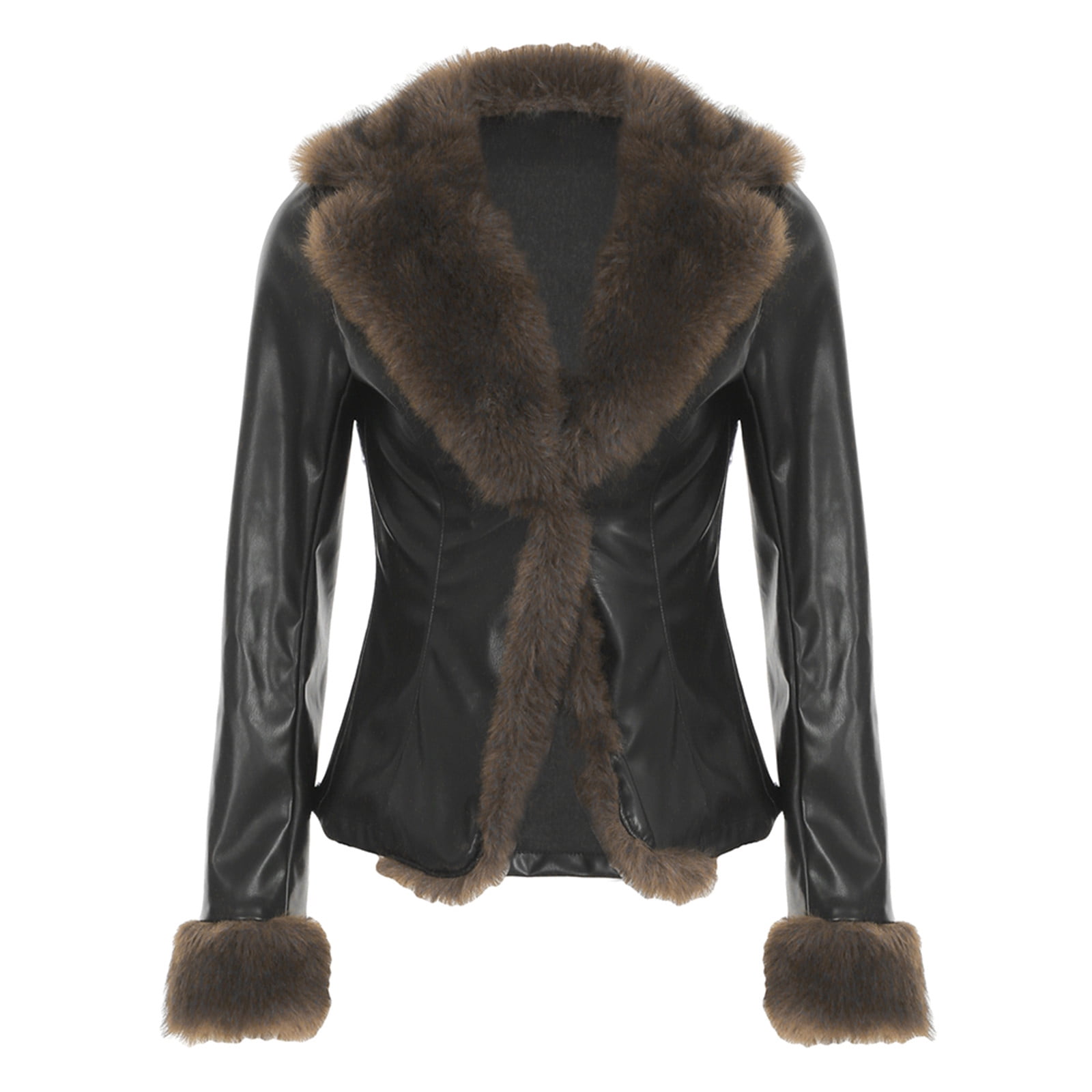 LEBONYARD Women's Trendy Vintage Style Faux Leather Plush Collar Cuff Solid Colored Warm Fit Long Sleeve Casual Outerwear Moto Biker Button Jacket