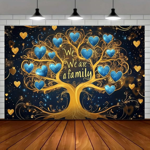 Family Reunion Party Backdrop Golden Hearts Stars Family Tree Photography Background We are Family Gathering Party Decorations Supplies Welcome Banner Photo Shoot Props