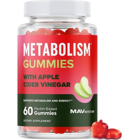 MAV Nutrition Apple Cider Vinegar Metabolism Gummies with The Mother, B12 & Folate, 60-Count