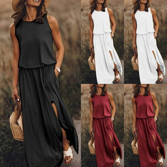 YuXingFu Cocktail Dresses for Women Maxi Crew Neck Plus Size Womens Dress Sleeveless Solid Color Long Casual Summer Black S