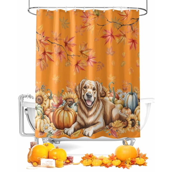 Fall Cute Dog Shower Curtain Set ，Waterproof Fabric Shower Curtains Maple Leaf Sunflower Pumpkin Shower Curtains for Bathroom,Bathroom Decor 72"x72"