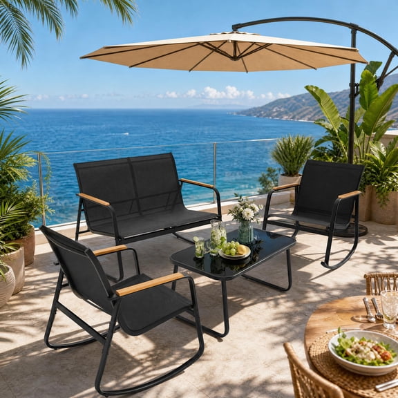 Patio Furniture Set on Sale, Asofer 4-Piece Textilene Outdoor Bistro Set with 2 Rocking Chair for Lawn, Garden, Poolside (Black)