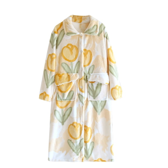PMVFHDE Autumn Winter Coral Velvet Female Long Dress Padded Thickened Flannel Bathrobe Pajama Yellow,XL
