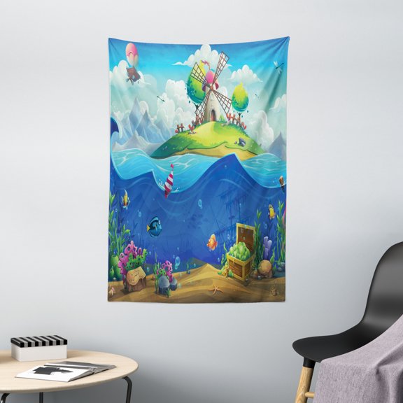 Deep Sea Tapestry, Cartoon Style Undersea and an Island Above Different Nautical Elements, Wall Hanging for Bedroom Living Room Dorm Decor, 40W X 60L Inches, Cobalt Blue Multicolor, by Ambesonne