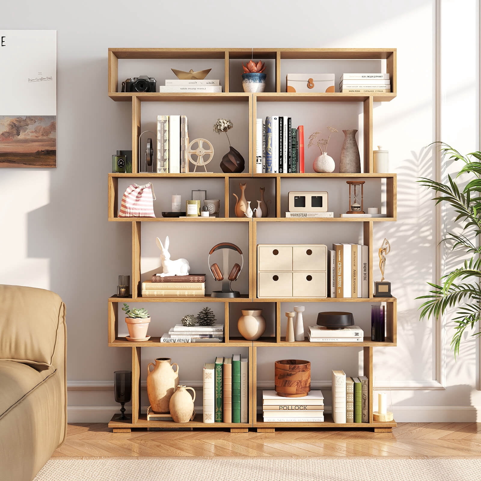 Costway 6-Tier Bookshelf with 2 Anti-Tipping Kits, Wooden Display Shelf for Home Office Natural