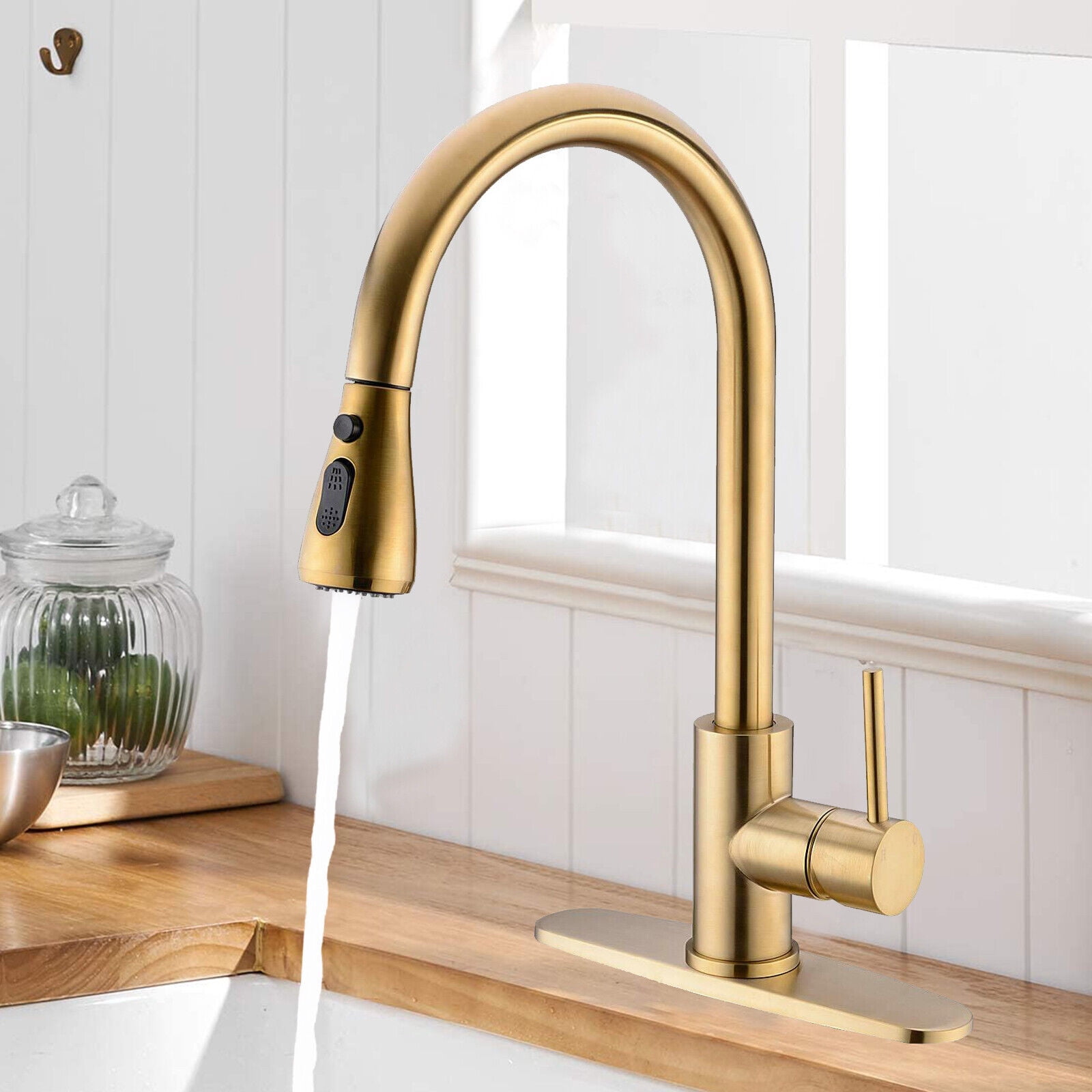 Zovajonia Brushed Gold Kitchen Faucet with Pull Down Sprayer, High Arc Single Handle Stainless Steel Kitchen Sink Faucet with Deck Plate