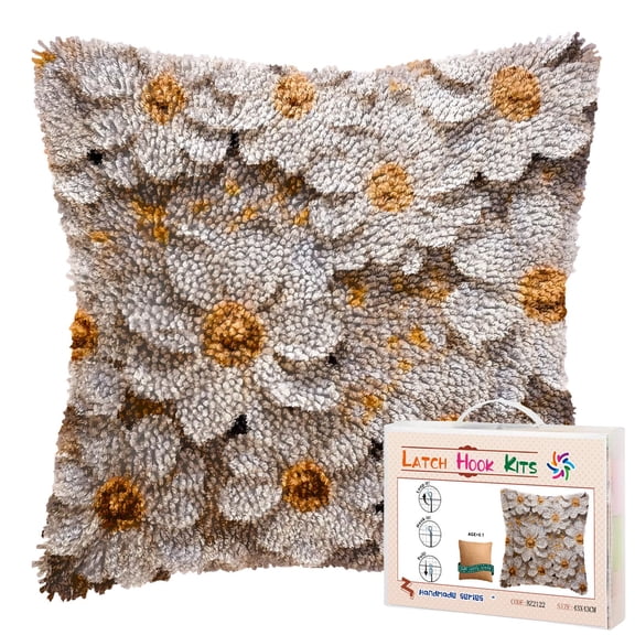3D Textured Little Flowers in White DIY Latch Hook Pillow Kits for Adults Printed Pillowcase Crochet Yarns Hooking Handmade Pillow Cover Cushion for Home Sofa Decoration 17x17inch