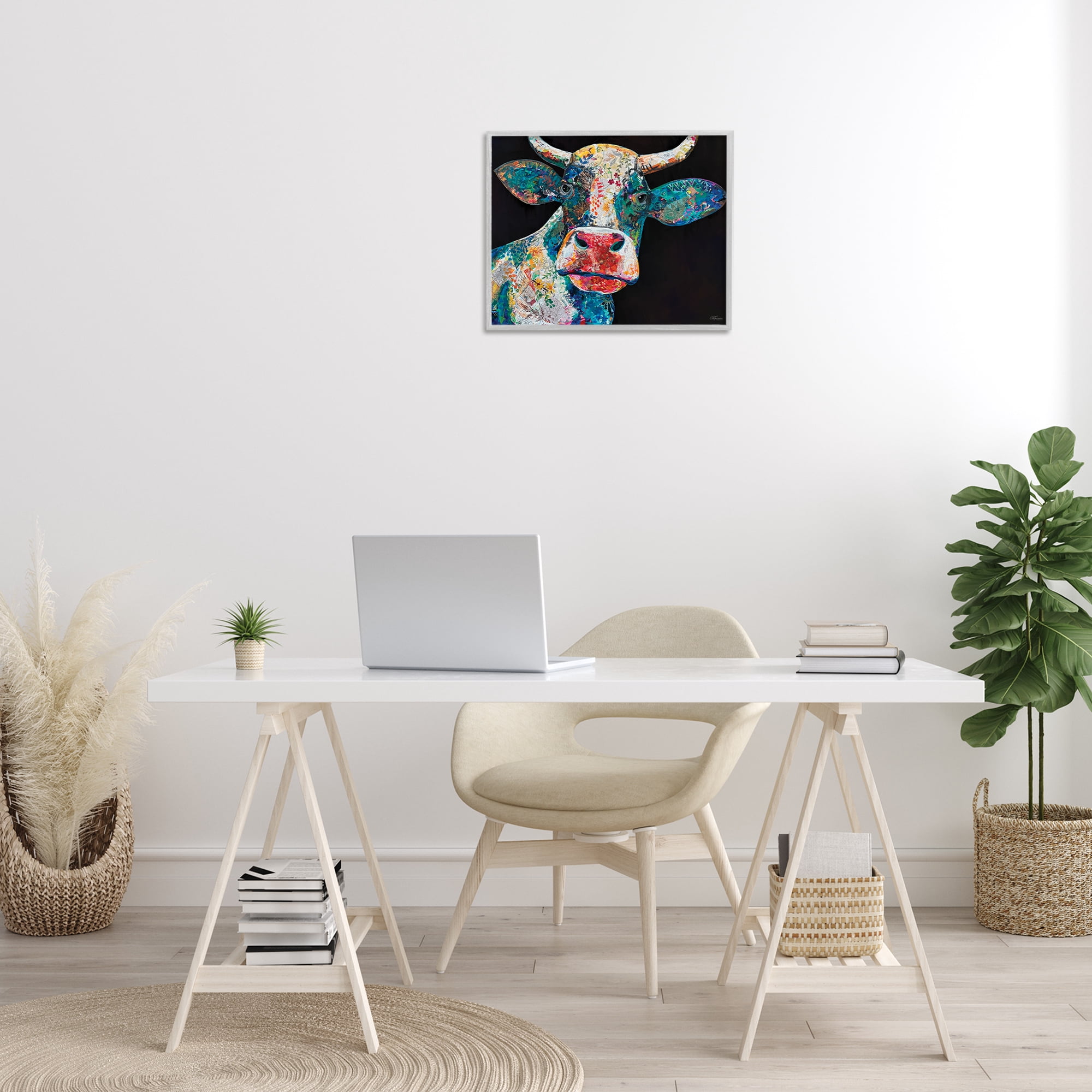 Stupell Industries Paisley Pattern Cow Animals & Insects Painting Gray Framed Art Print Wall Art, 20 x 16