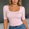 thumbnail image 2 of LINGLANG Womens U-Neck Slim Fit Half Sleeve T-Shirt Soft Stretchy Basic Top Solid Color Summer Tee Tight Fit Undershirt, 2 of 3