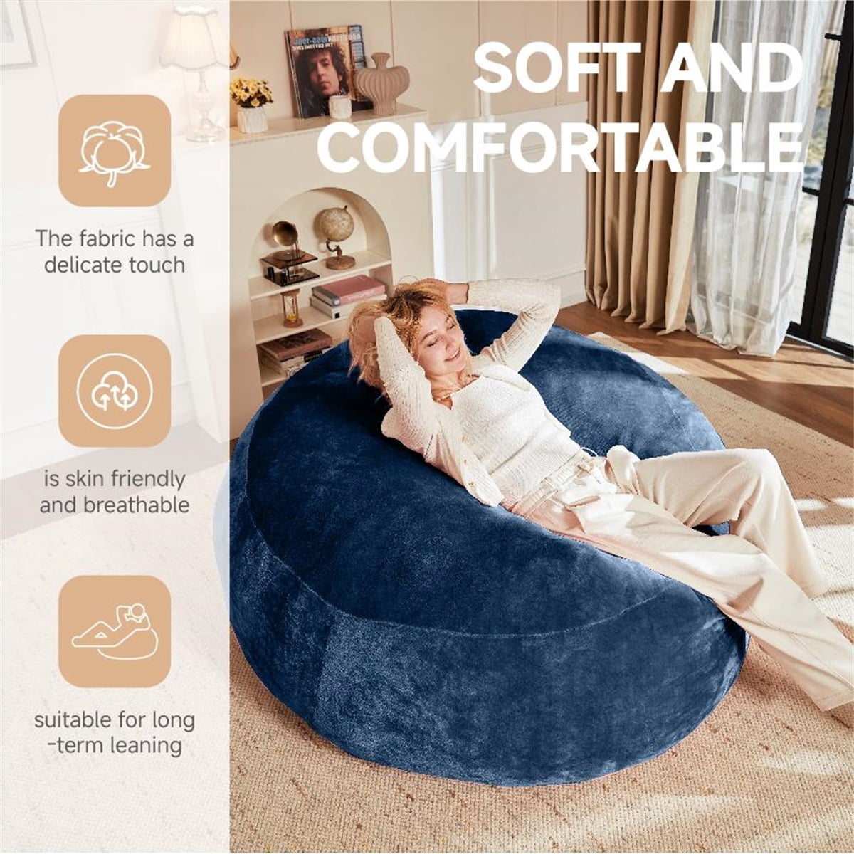 Hommoo 5FT Bean Bag Chair, Memory Foam Filling Soft Sofa with Flannel Cover, Round Sofa for Living Room, Bedroom, College Dorm, Blue
