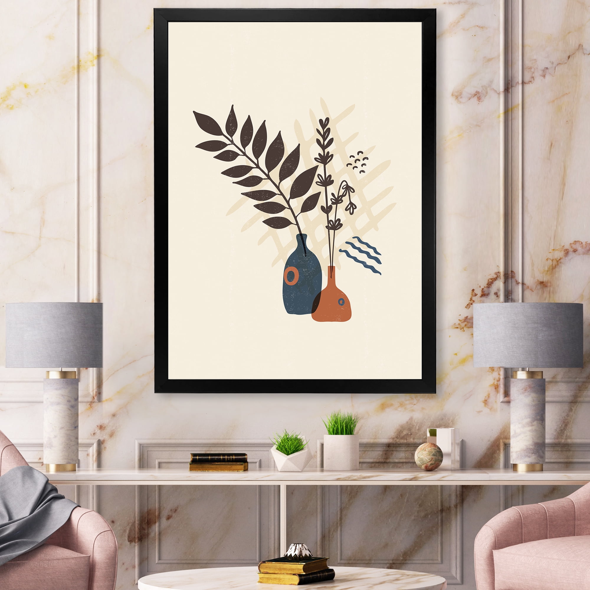 Designart 'Ancient Boho Art Minimalistic Flowers I' Modern Framed Art Print