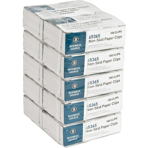 Business Source Non-Skid Paper Clips - Regular - 1000 / Pack - Silver - Steel | Bundle of 5