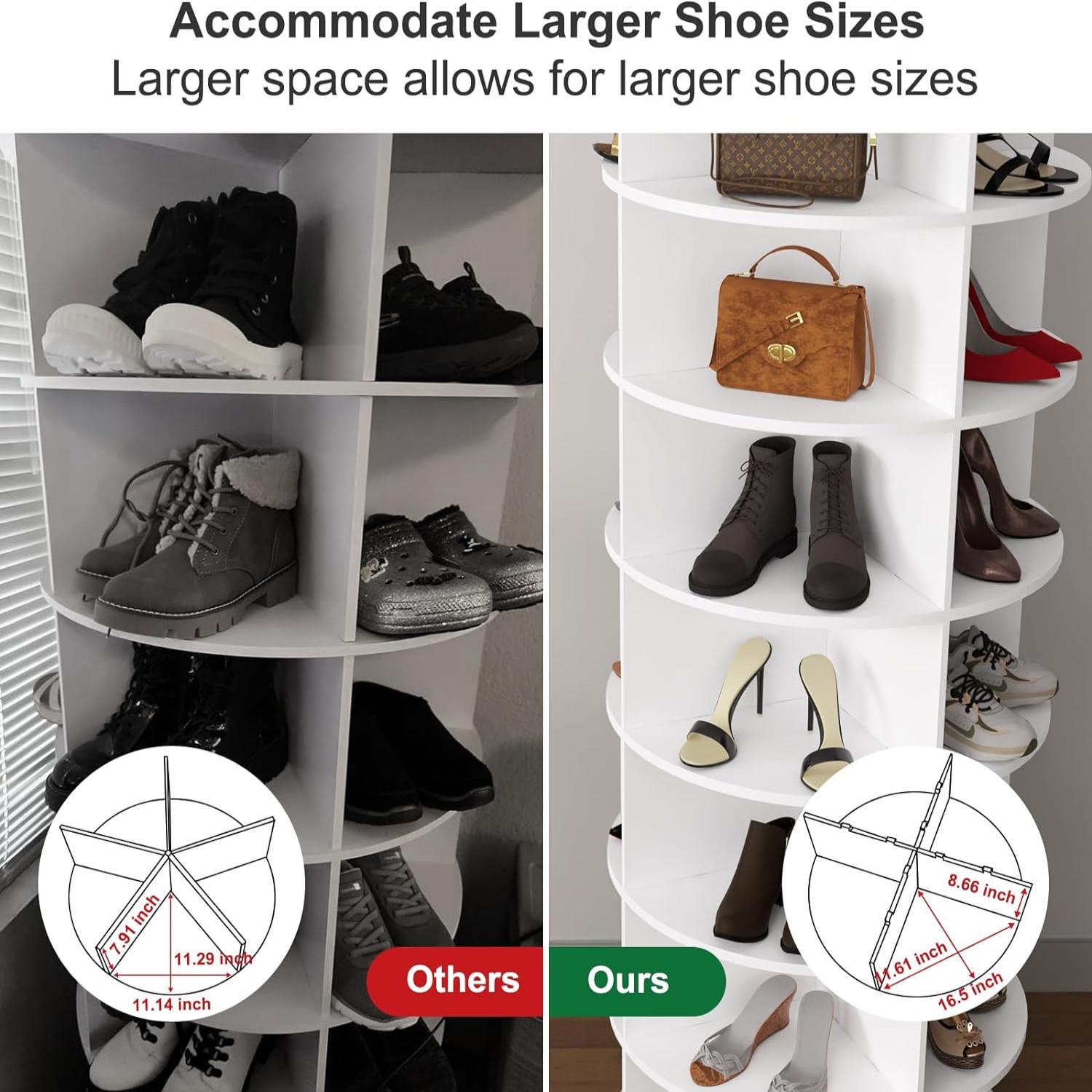 8-Tier 360° Rotating Shoe Rack Tower, White PVC Spinning Shoe Organizer for 28 Pairs, Corner Shoe Display Stand for Closet Entryway Bedroom