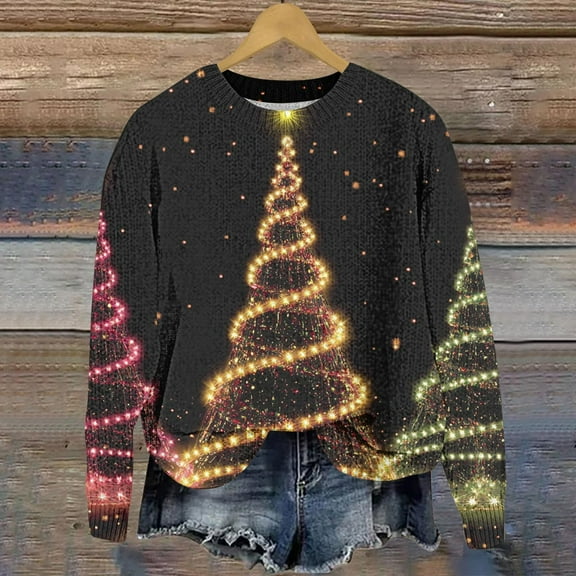 Christmas Sweaters for Women 2024 Sweater Casual Christmas Round Neck Pullover with Long Sleeves and Christmas Prints