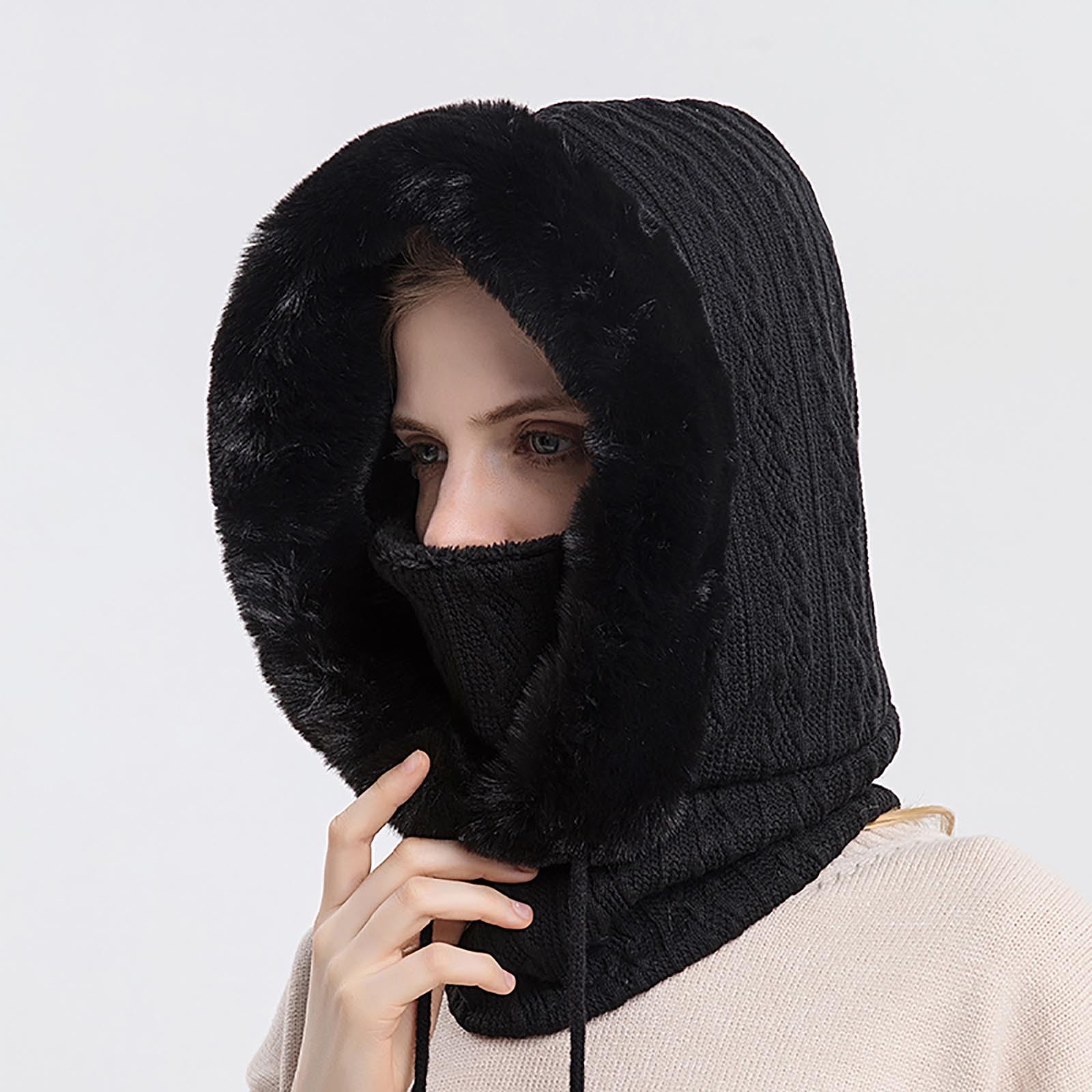 qolati Trapper Hat for Women Men with Mask Ear Flaps Knitted Windproof Winter Bomber Hats Cold Weather Warm Winter Faux Fur Hunting Balaclava Ski Hats