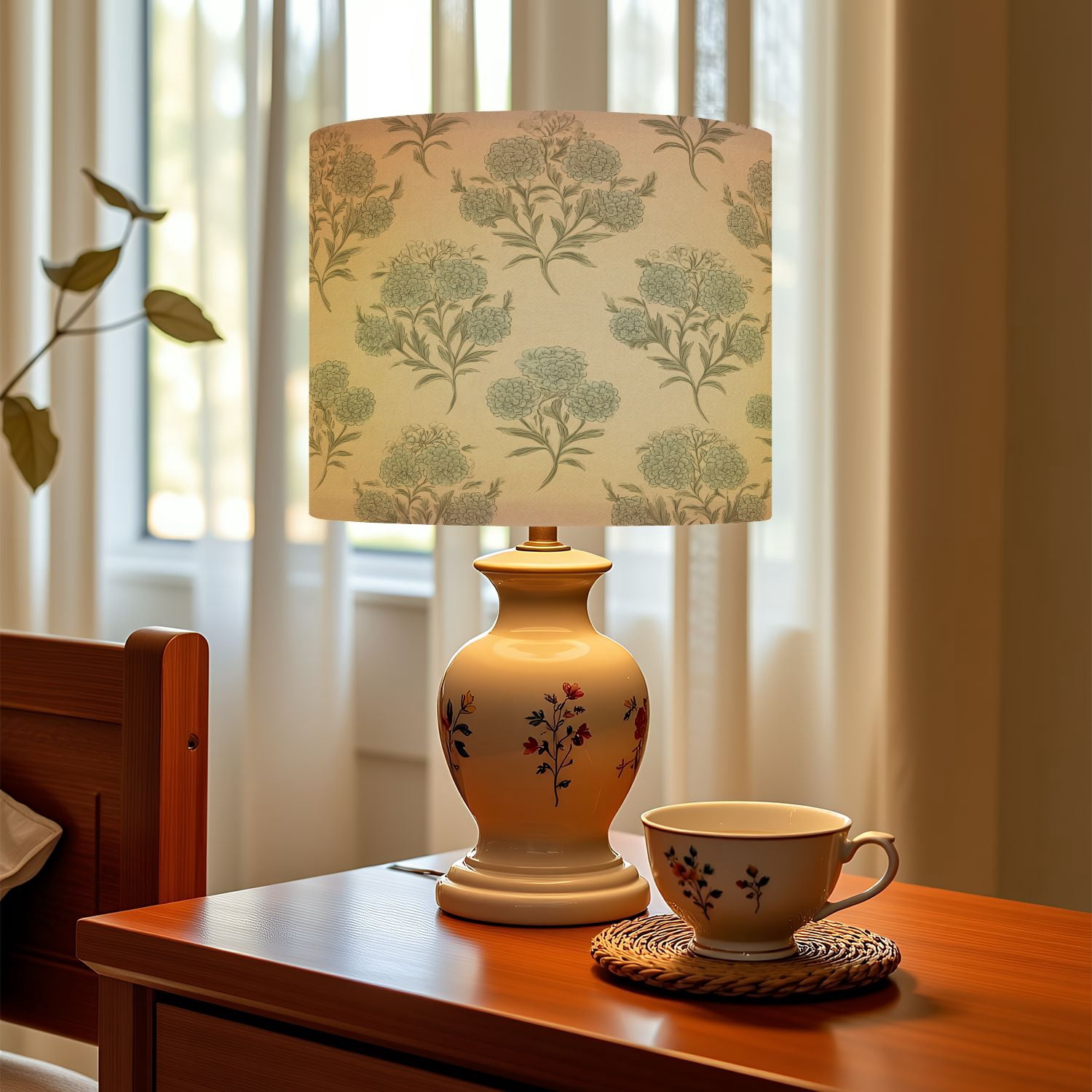 Linen Drum Lamp Shades Vintage Floral Soft Blue Green Blooms Cream 13" x 13" x 10" Lampshade for Table Lamps Floor Lamps Lamp Shade Replacement Easy Assembly Required