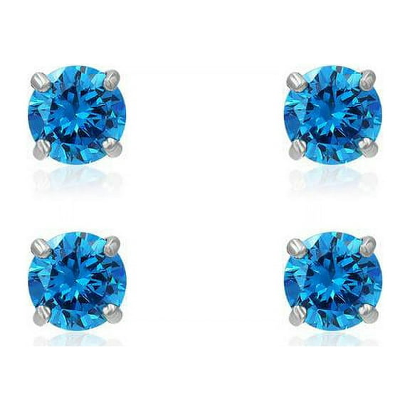 2 Pr Silver Tone 6mm Simulated London Blue Topaz Round Stud Earrings