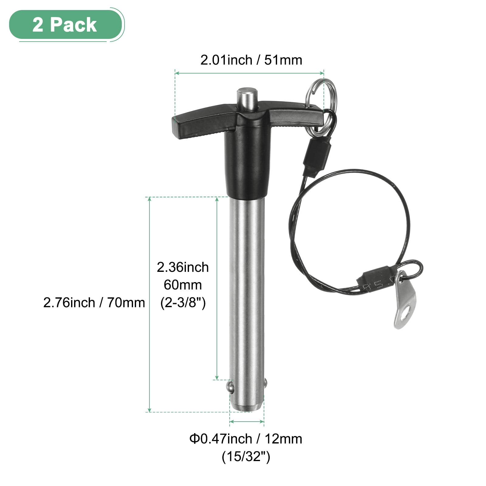 Uxcell 2Pcs T Handle Lock Pins, 12mm Dia. 60mm Usage Long Push-Button Ball Locking Pin