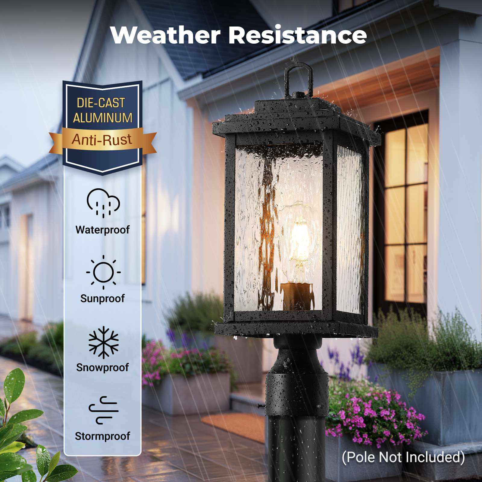 VIANIS Large Dusk to Dawn Outdoor Post Lights, Black Hardwired Waterproof Outdoor Lamp Post with Pier Mount Base, 3-inch Aluminum Outside Post Light with Tempered Glass for Garage, Garden