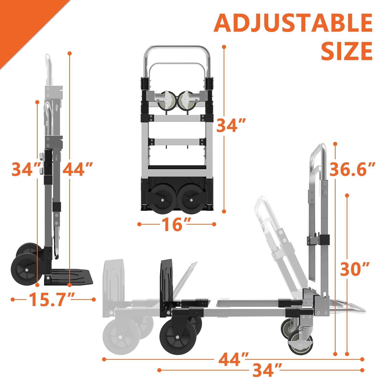 3-in-1 Heavy Duty Folding Dolly, Convertible Hand Truck Portable Steel with Telescopic Handle & Dolly Cart with Rubber Wheels, 580LB Capacity,Silver