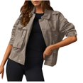 thumbnail image 6 of UYISJ Women's Jean Jacket Frayed Washed Button Up Cropped Denim Jacket Loose Fit Fall Tops Casual Solid Color Coats With Pockets Coffee S, 6 of 9