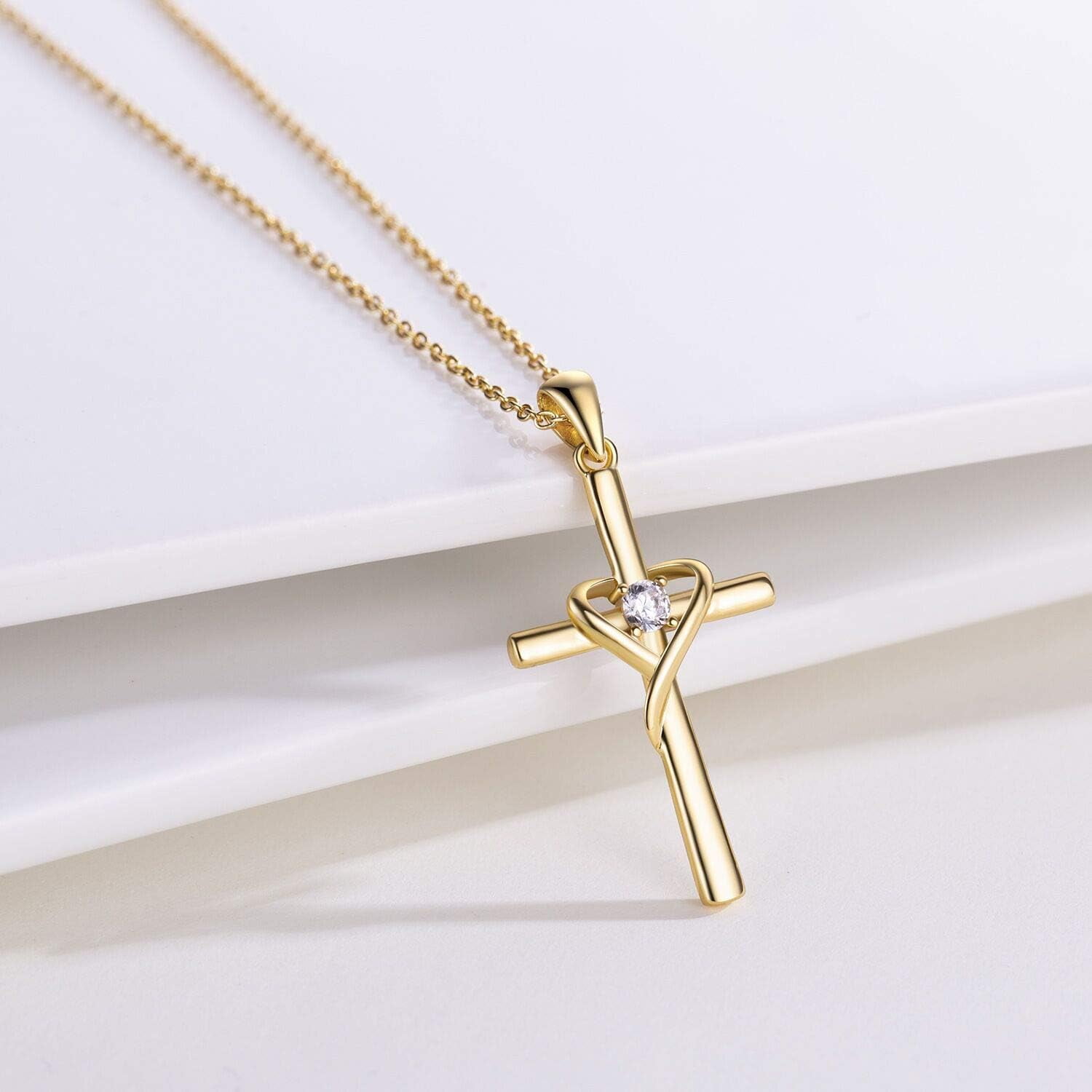 Leander 925 Sterling Silver Cross Necklace for Women Men 5A CZ Birthstone Necklaces 14K Gold Plated or Rose Gold Necklace for Easter or Mother's Day