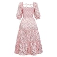 thumbnail image 4 of YM YOUMU Women Stars Square Neck Vintage Midi Dress Smocked Short Puff Sleeves Ruffled Hem Casual Dress, 4 of 5