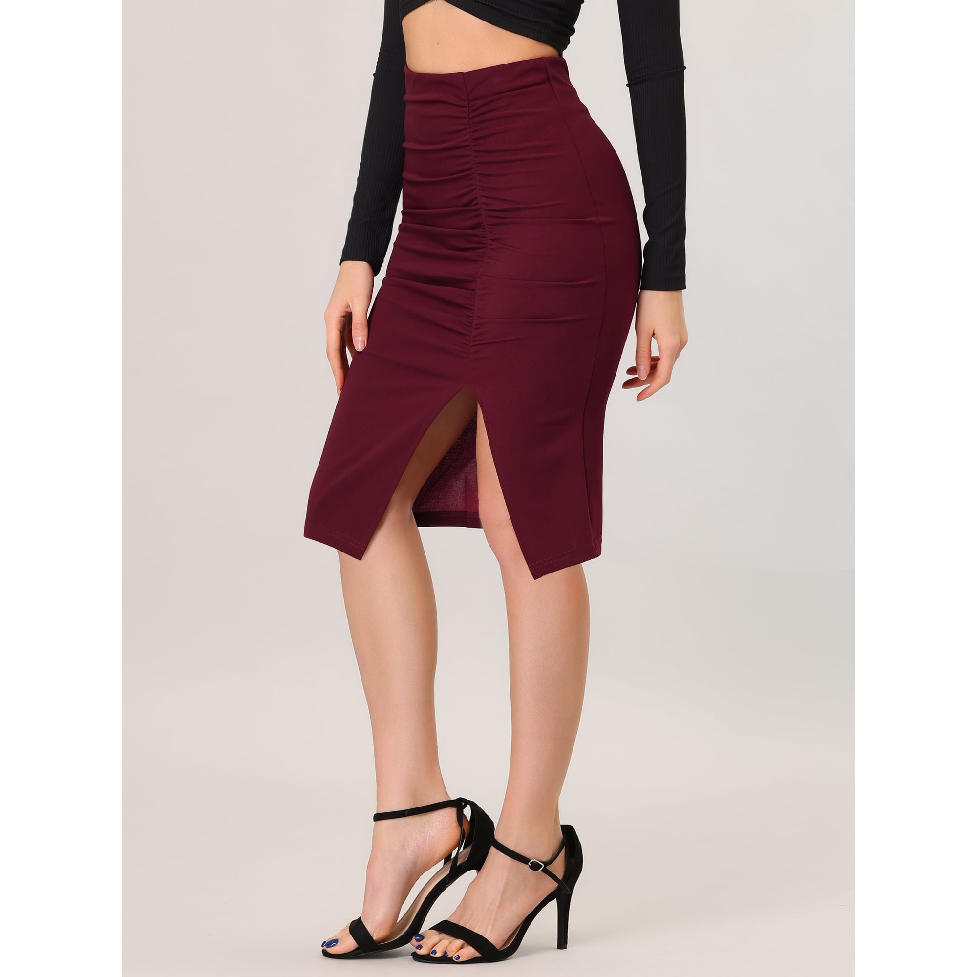 Unique Bargains Jupe Moulante Midi Froncee pour Femmes Rouge Fonce TG Walmart