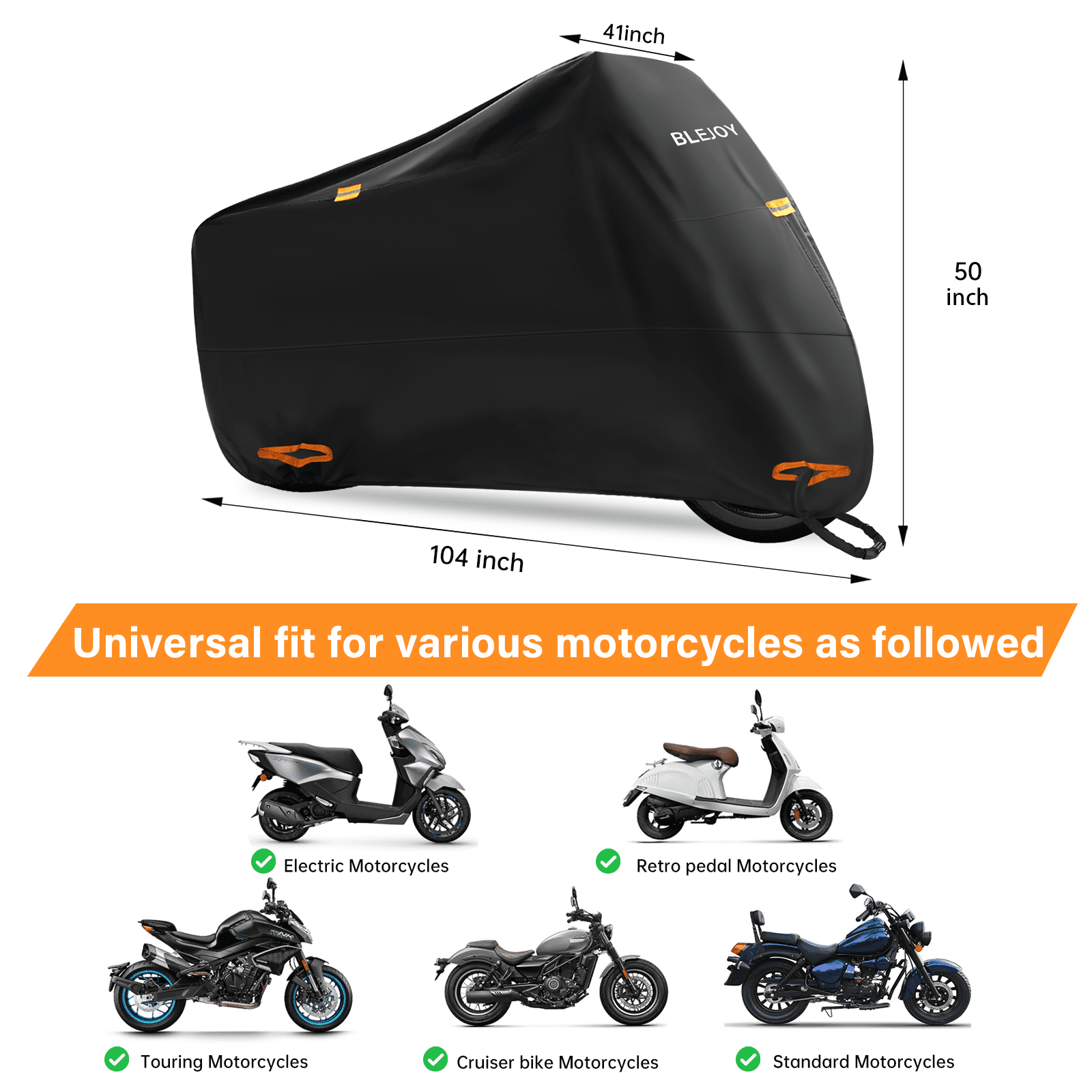 BLEJOY Motorcycle Cover Outdoor Waterproof Heavy Duty , All-Weather Universal Fit with Reflective Strips, Lock Holes & Storage Bag, Fits up to 104" Motorcycles