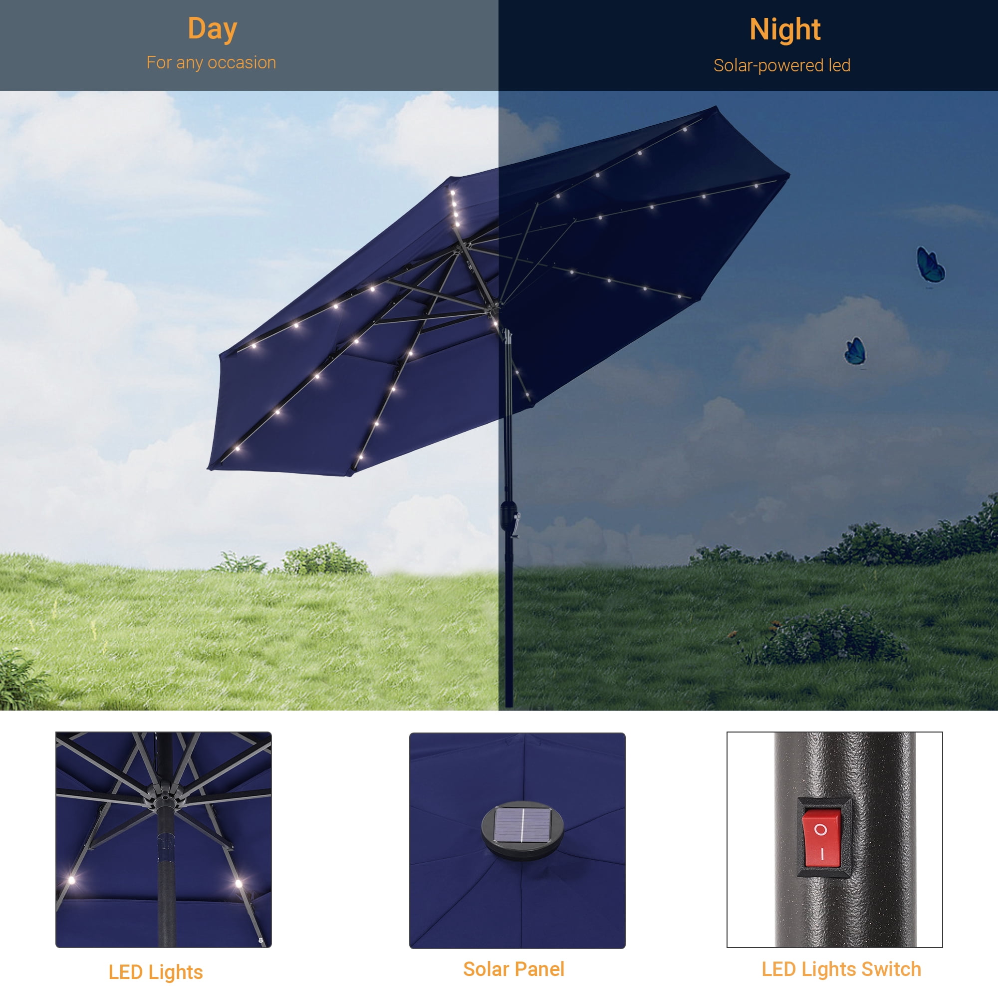 ACEGOSES 10ft LED 3 Tiers Patio Market Umbrella Outdoor with Ventilation for Garden, Deck and Pool,Navy Blue