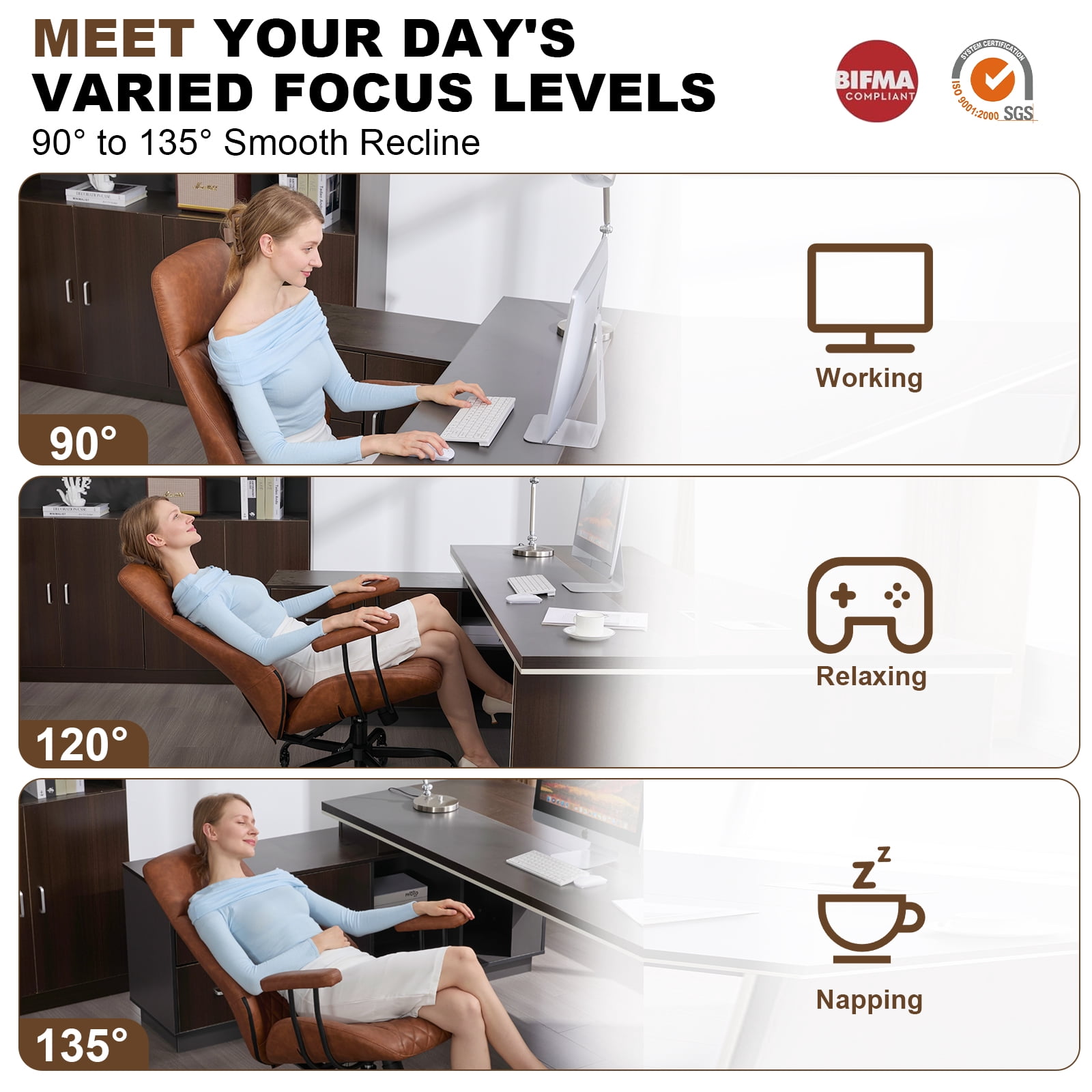 E-Motie Home Office Desk Chair, Ergonomic High Back Leather Computer Chair with Lumbar Support, Adjustable Height & Recline, Swivel Executive Office Chair with Armrests and Rubber Casters, Brown