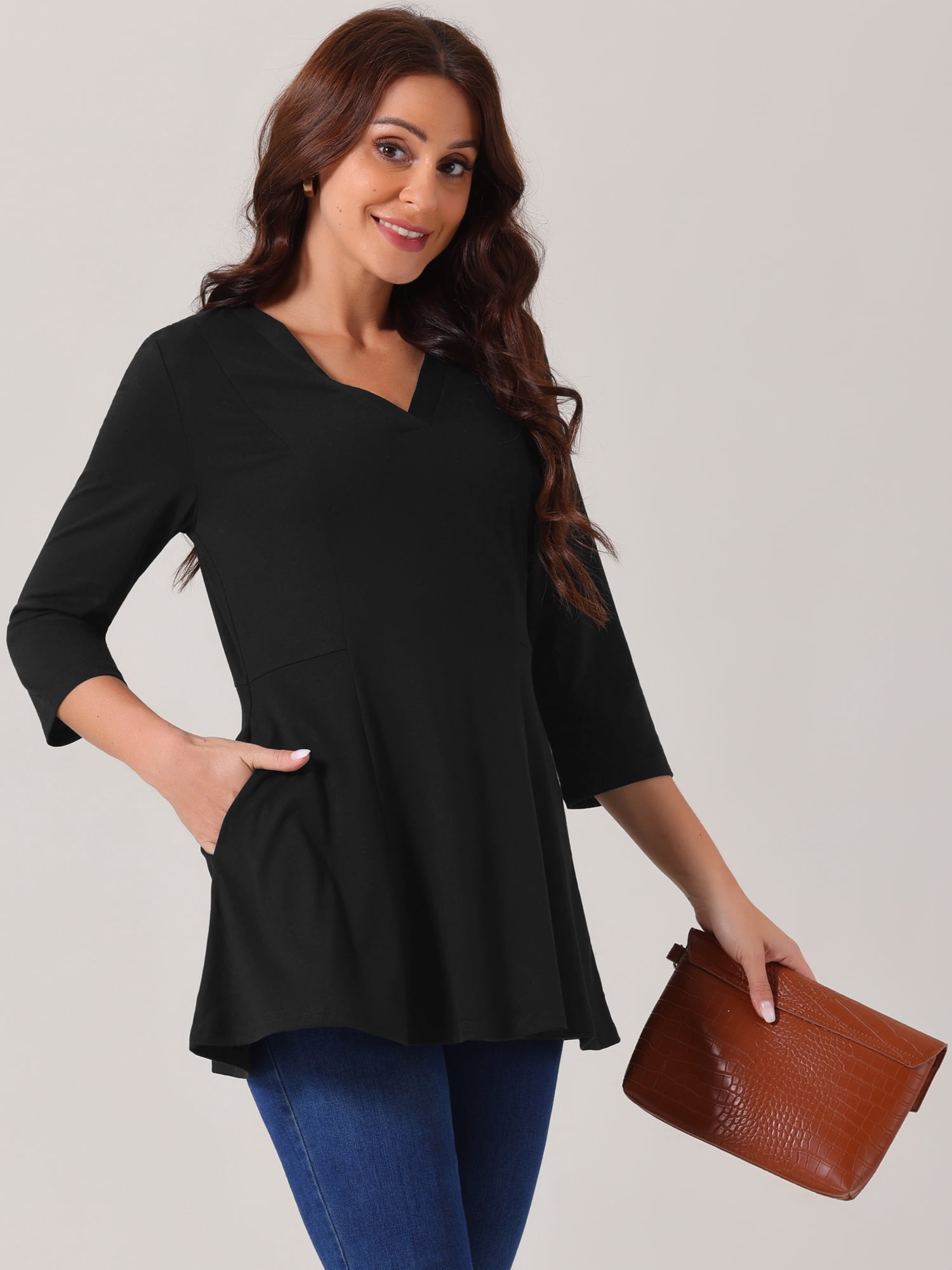 DARING DIVA Women's V Neck 3/4 Sleeve Casual Blouses with Pockets S Black
