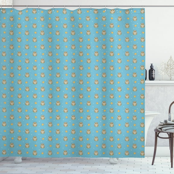 Owl Print Shower Curtain, Cute Repeating Pattern of Polka Dots Birds and Acorns, Fabric Bathroom Set with Hooks, 69W X 84L Inches Extra Long, Deep Sky Blue Pale Orange Pale Sepia, by Ambesonne