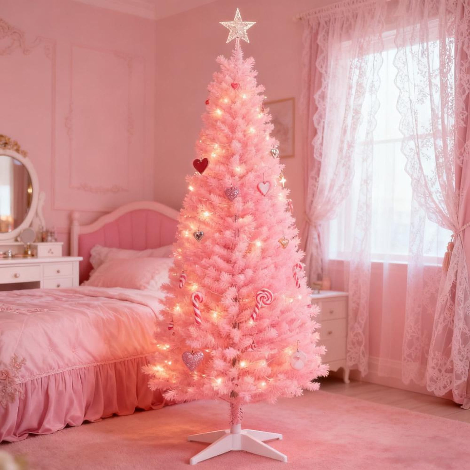Pink Artificial Pencil Christmas Tree 5ft Slim Plastic